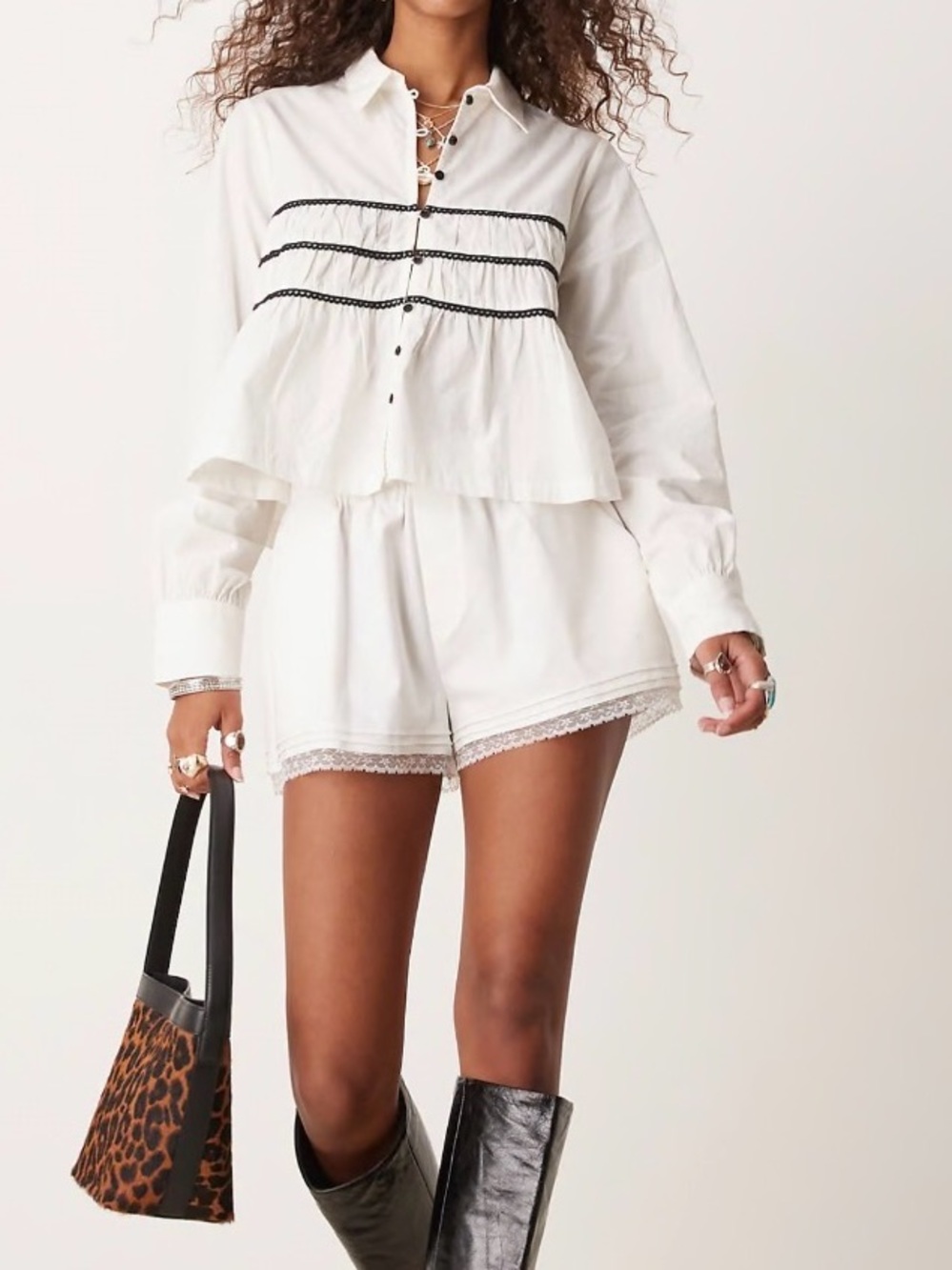 Free People Women's Lace Lover White Black Button-Down Cropped Loose Blouse S